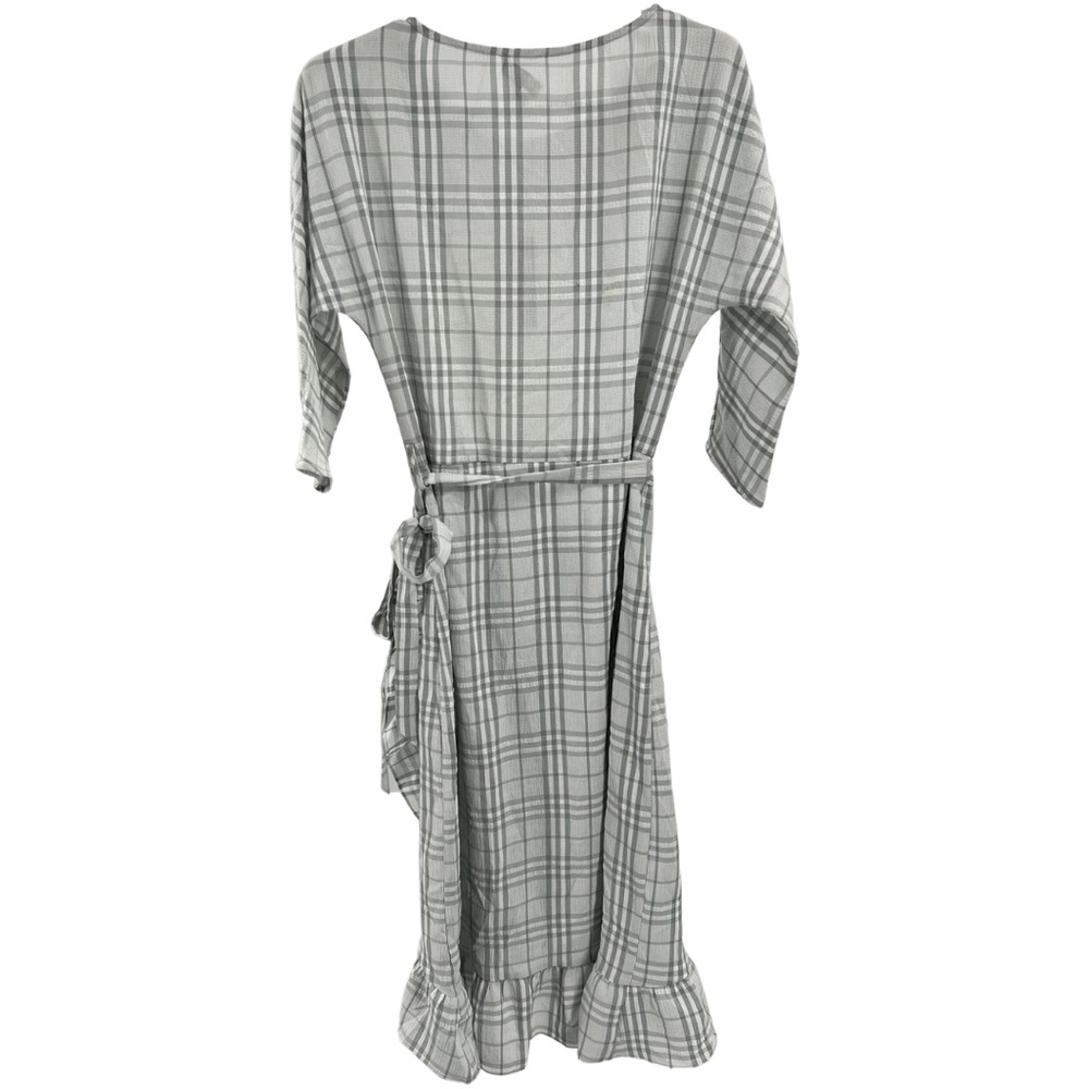 Chelsea 28 plaid midi white gray faux wrap dress S ruffle neutral office party - Picture 2 of 12